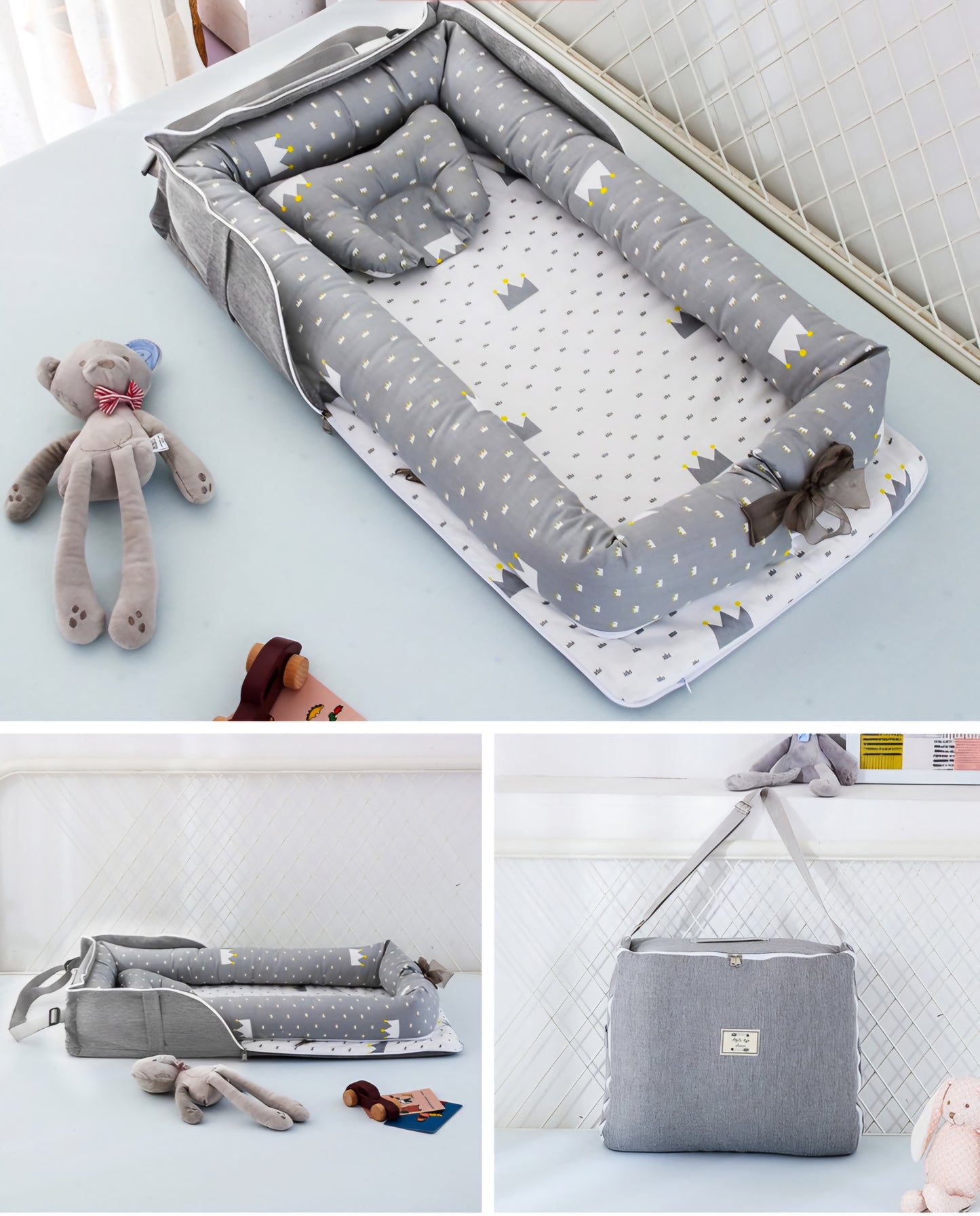Bed in bed baby crib and pillow grey